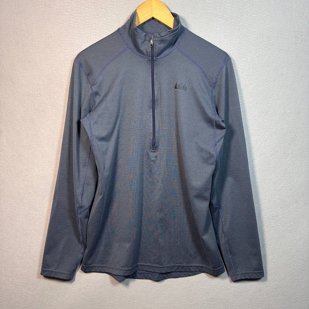 REI Mens Small Blue Grey Striped Quarter Zip Pullover Long Sleeve Hiking Shirt